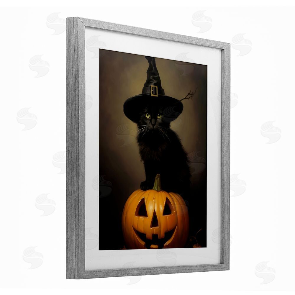 LSR Design Studio Black Cat on Pumpkin Gray Framed Print Under Glass with White Mat Wall Art