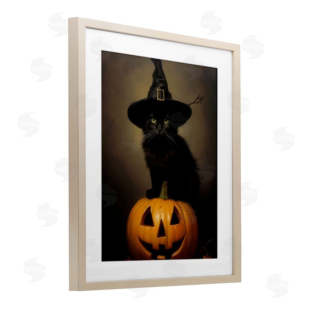 LSR Design Studio Black Cat on Pumpkin Birch Framed Print Under Glass with White Mat Wall Art