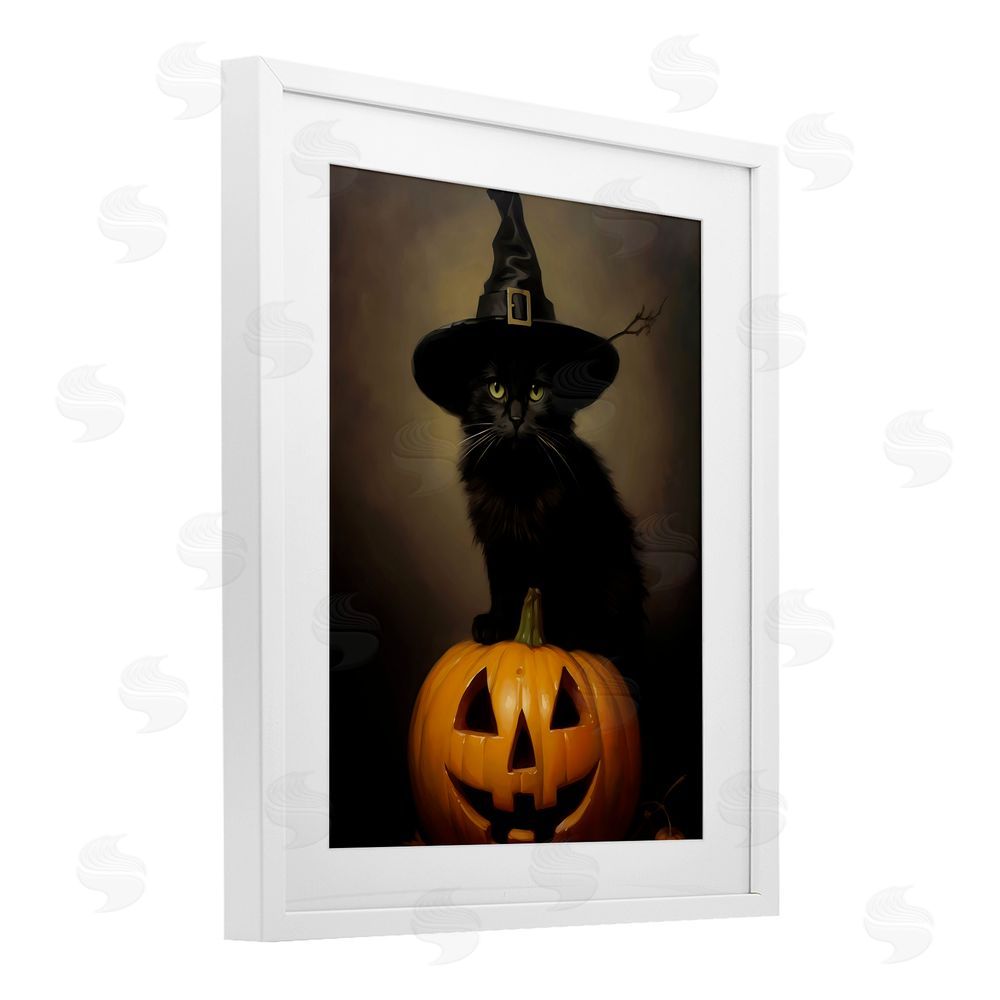 LSR Design Studio Black Cat on Pumpkin White Framed Print Under Glass with Mat Wall Art