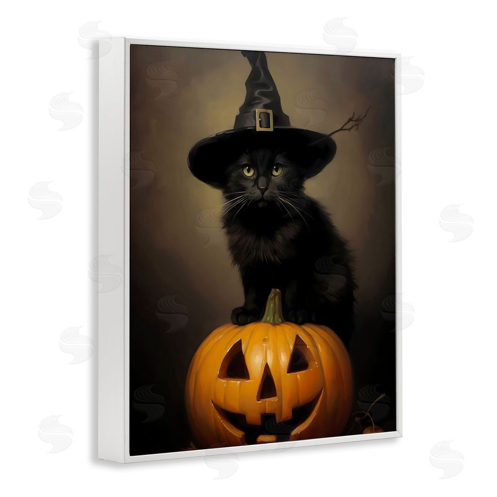 LSR Design Studio Black Cat on Pumpkin White Framed Giclee Wall Art Print