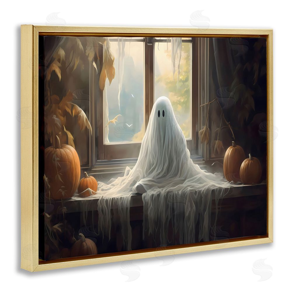 LSR Design Studio Ghost Sitting In Window Gold Floating Frame Canvas Wall Art Print