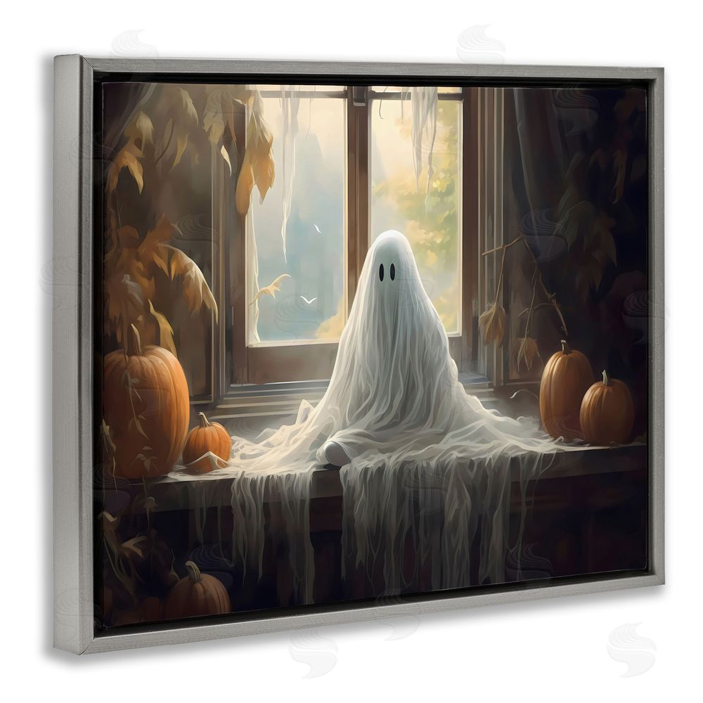 LSR Design Studio Ghost Sitting In Window Gray Floating Frame Canvas Wall Art Print