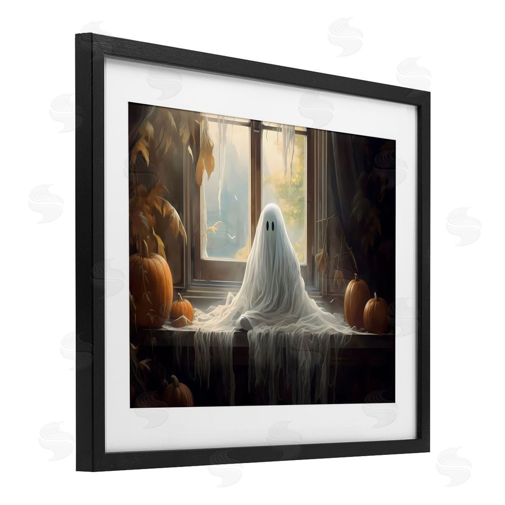 LSR Design Studio Ghost Sitting In Window Black Framed Print Under Glass with White Mat Wall Art