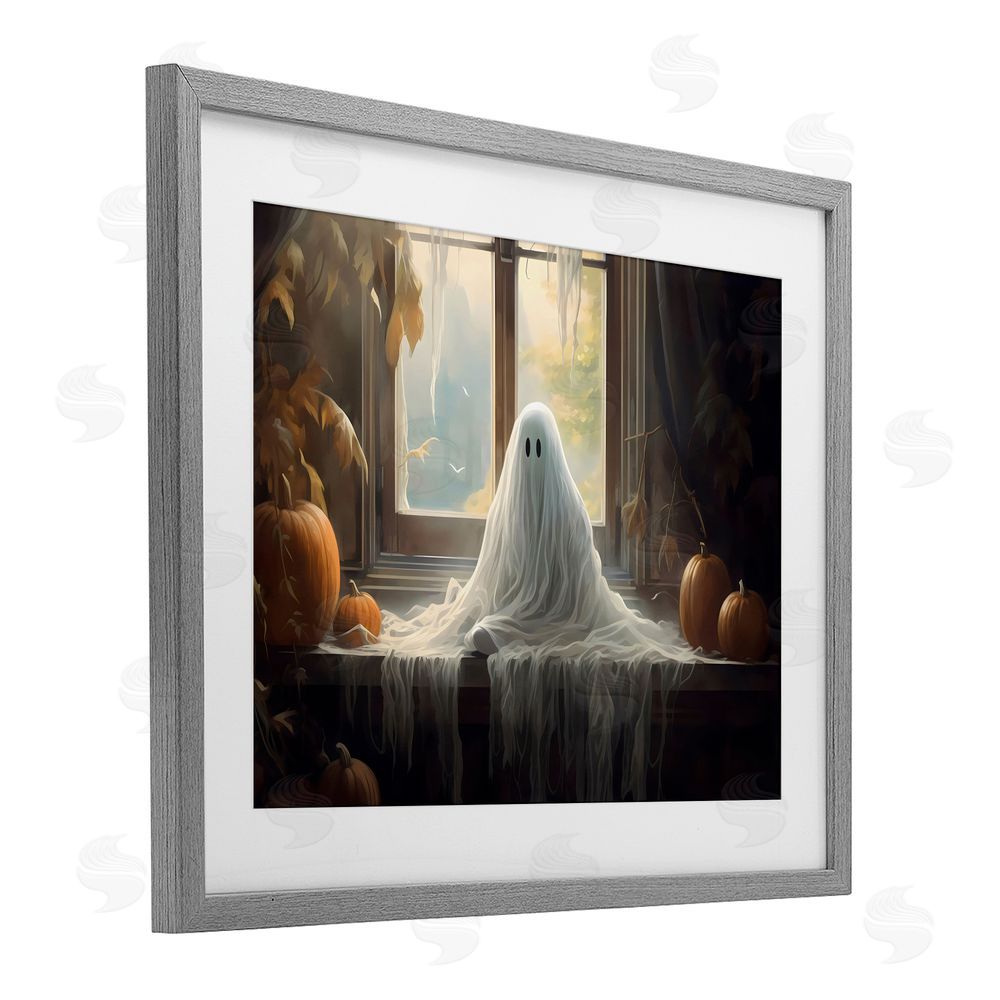 LSR Design Studio Ghost Sitting In Window Gray Framed Print Under Glass with White Mat Wall Art