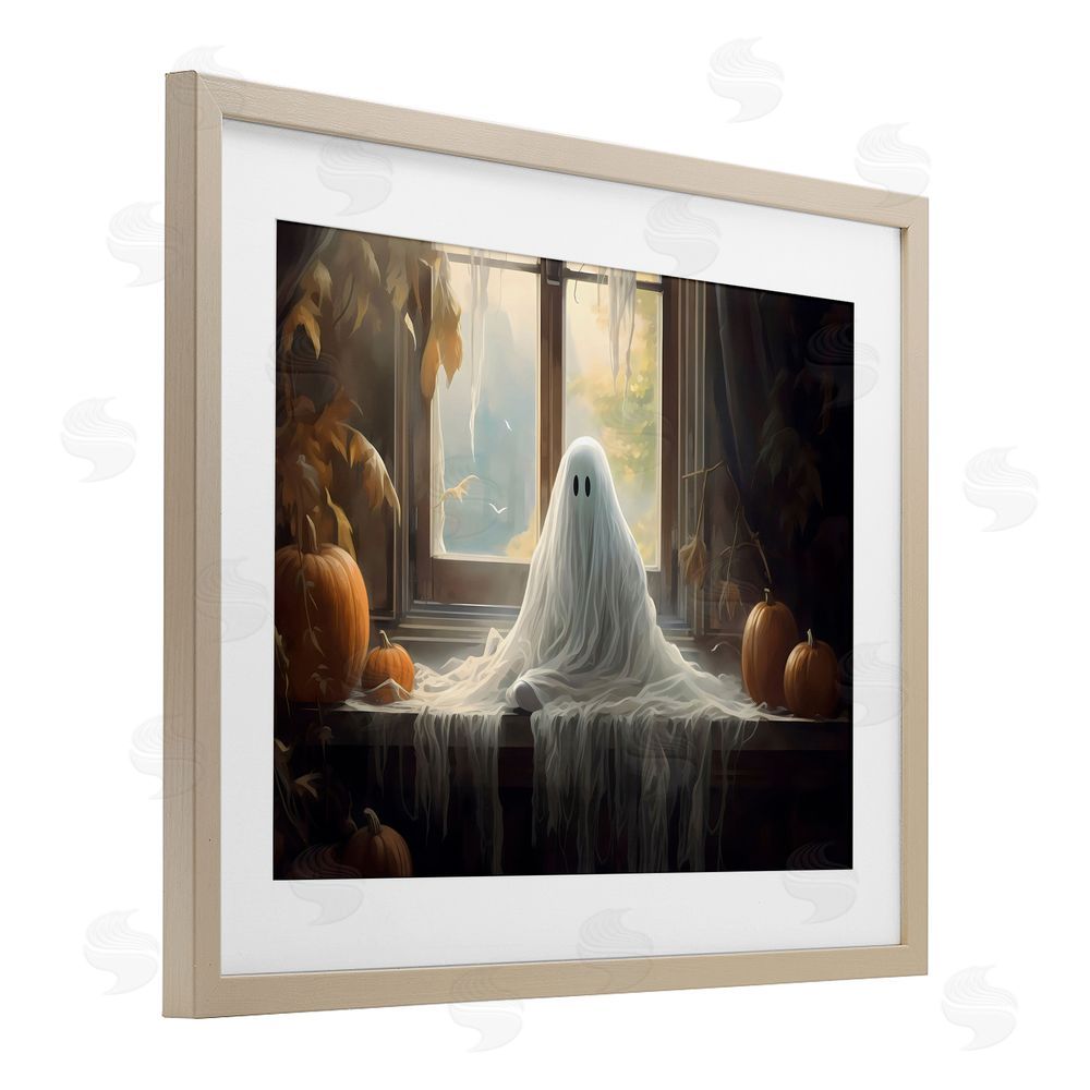 LSR Design Studio Ghost Sitting In Window Birch Framed Print Under Glass with White Mat Wall Art