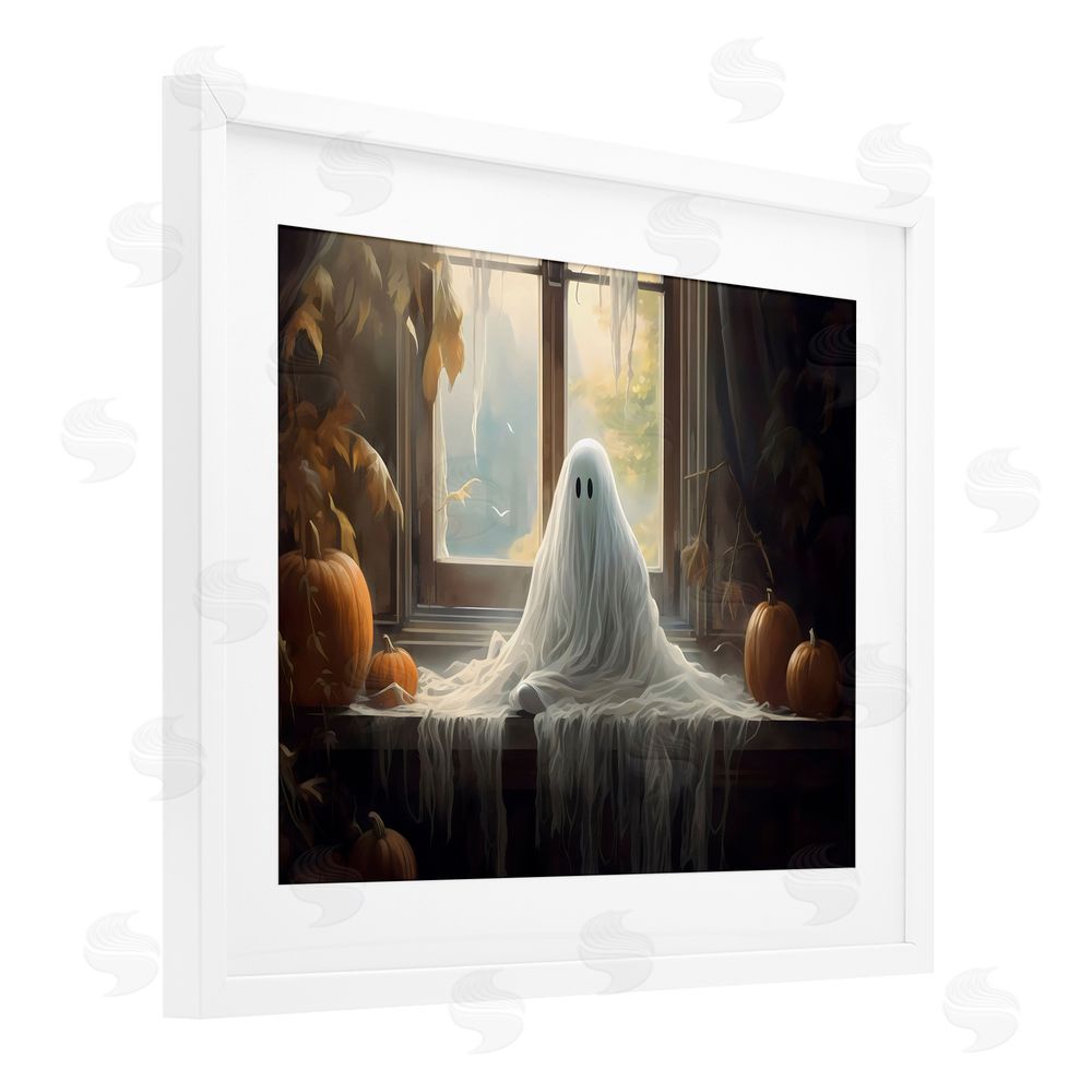 LSR Design Studio Ghost Sitting In Window White Framed Print Under Glass with Mat Wall Art