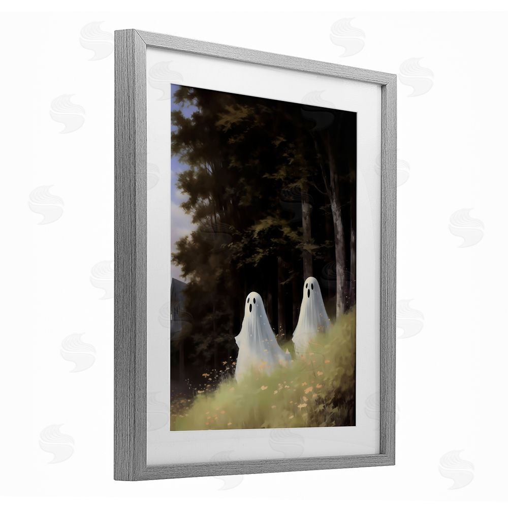LSR Design Studio Haunted Morning Ghosts Gray Framed Print Under Glass with White Mat Wall Art
