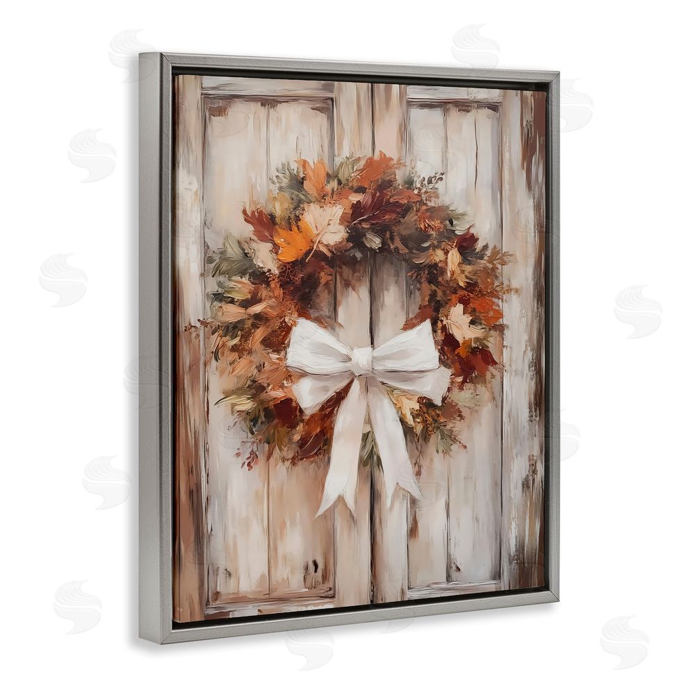 LSR Design Studio Autumnal Wreath with Ribbon Gray Floating Frame Canvas Wall Art Print