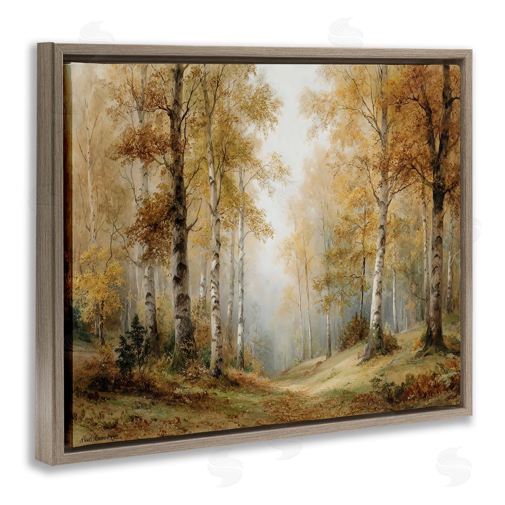 LSR Design Studio Birch Forest Pathway Brown Floating Frame Canvas Wall Art Print