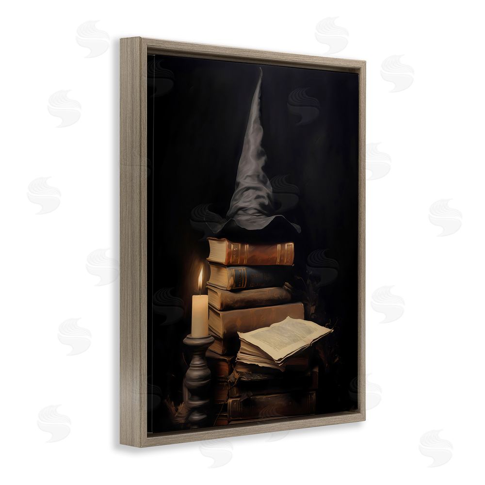 LSR Design Studio Bookstack and Witch Hat Brown Floating Frame Canvas Wall Art Print