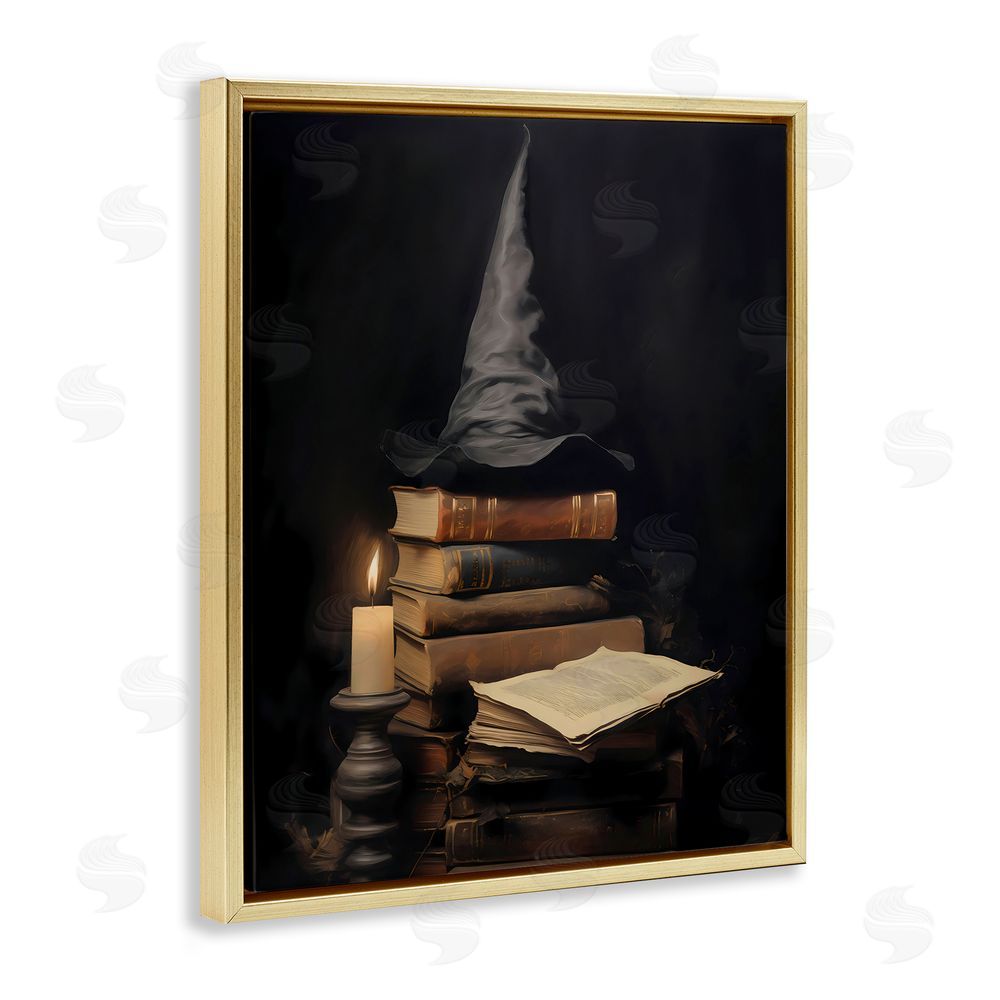 LSR Design Studio Bookstack and Witch Hat Gold Floating Frame Canvas Wall Art Print