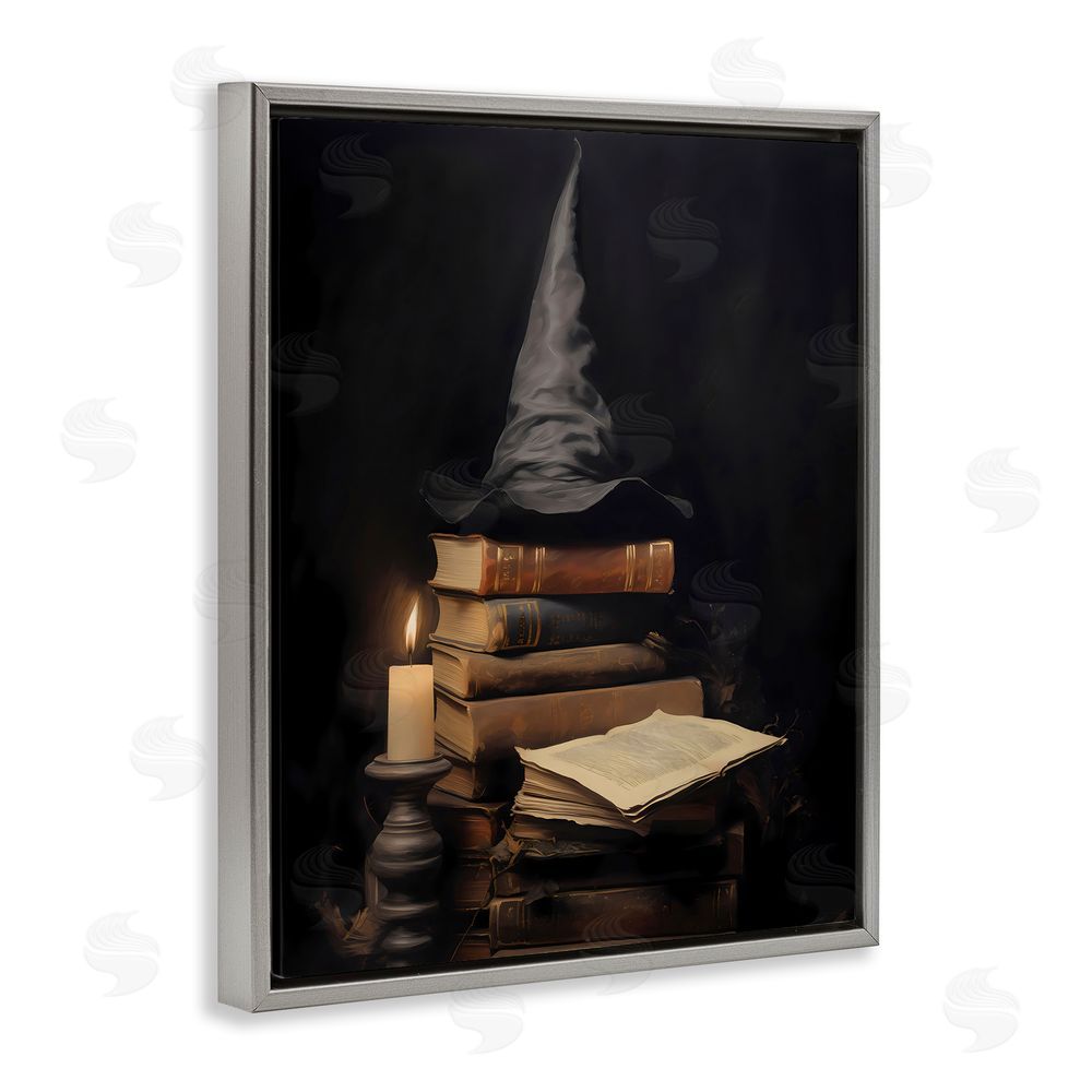LSR Design Studio Bookstack and Witch Hat Gray Floating Frame Canvas Wall Art Print