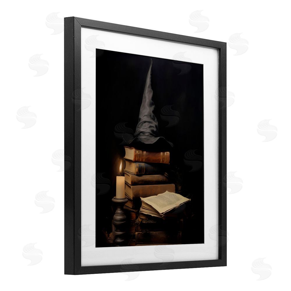 LSR Design Studio Bookstack and Witch Hat Black Framed Print Under Glass with White Mat Wall Art