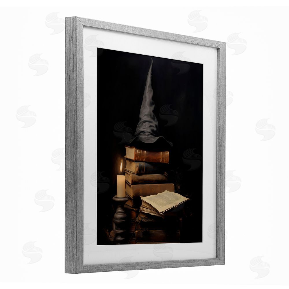 LSR Design Studio Bookstack and Witch Hat Gray Framed Print Under Glass with White Mat Wall Art