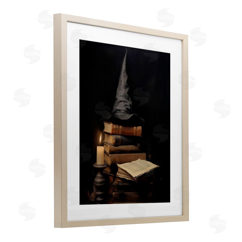 LSR Design Studio Bookstack and Witch Hat Birch Framed Print Under Glass with White Mat Wall Art