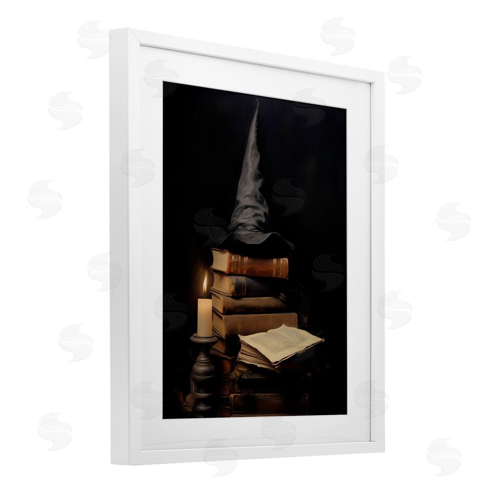 LSR Design Studio Bookstack and Witch Hat White Framed Print Under Glass with Mat Wall Art