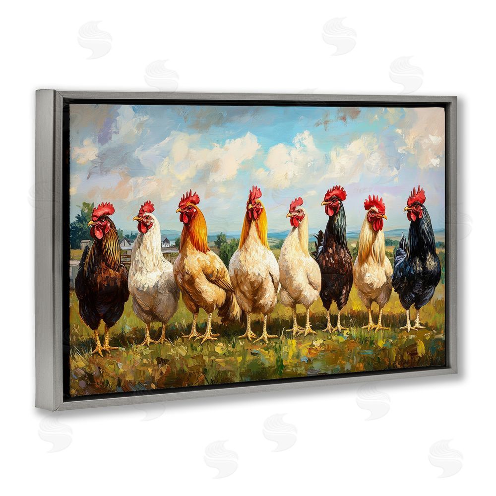 Petal Prints Design Chicken Brood on Horizon Gray Floating Frame Canvas Wall Art Print