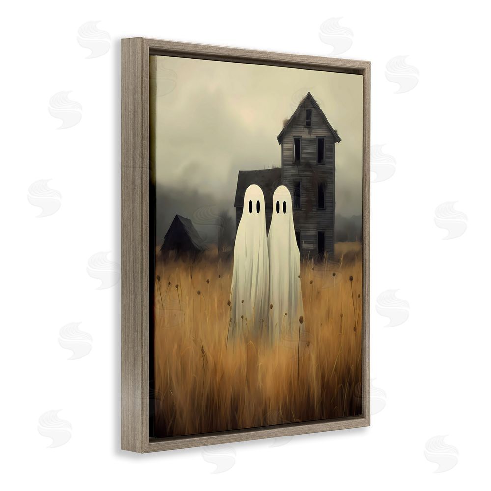 LSR Design Studio Spooky Farmhouse Ghost Duo Brown Floating Frame Canvas Wall Art Print