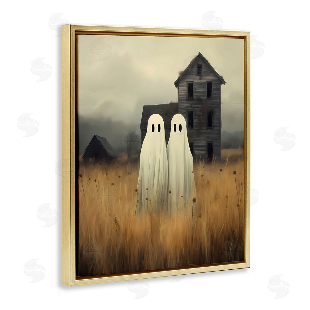 LSR Design Studio Spooky Farmhouse Ghost Duo Gold Floating Frame Canvas Wall Art Print