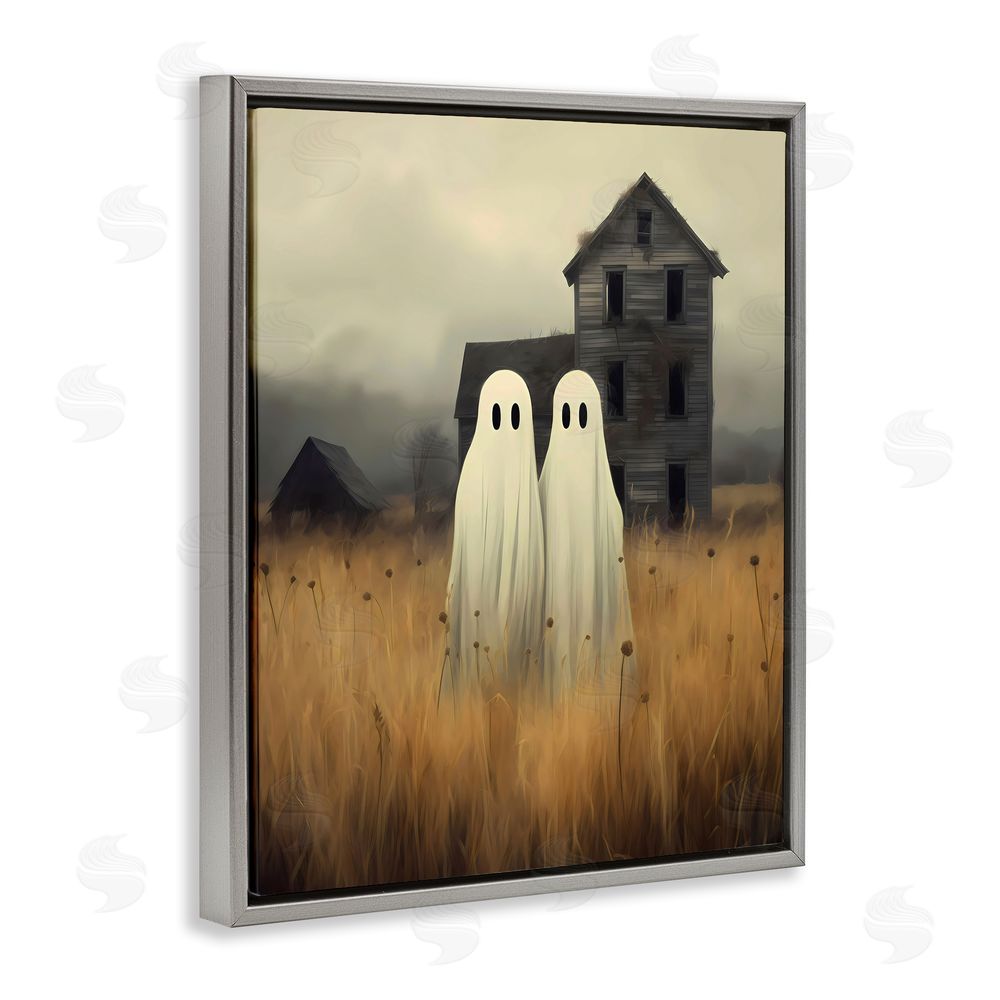 LSR Design Studio Spooky Farmhouse Ghost Duo Gray Floating Frame Canvas Wall Art Print