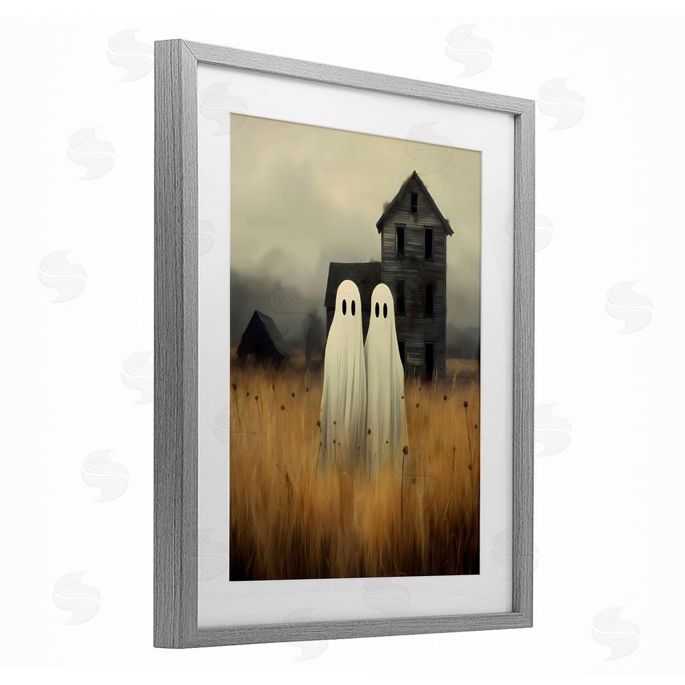 LSR Design Studio Spooky Farmhouse Ghost Duo Gray Framed Print Under Glass with White Mat Wall Art