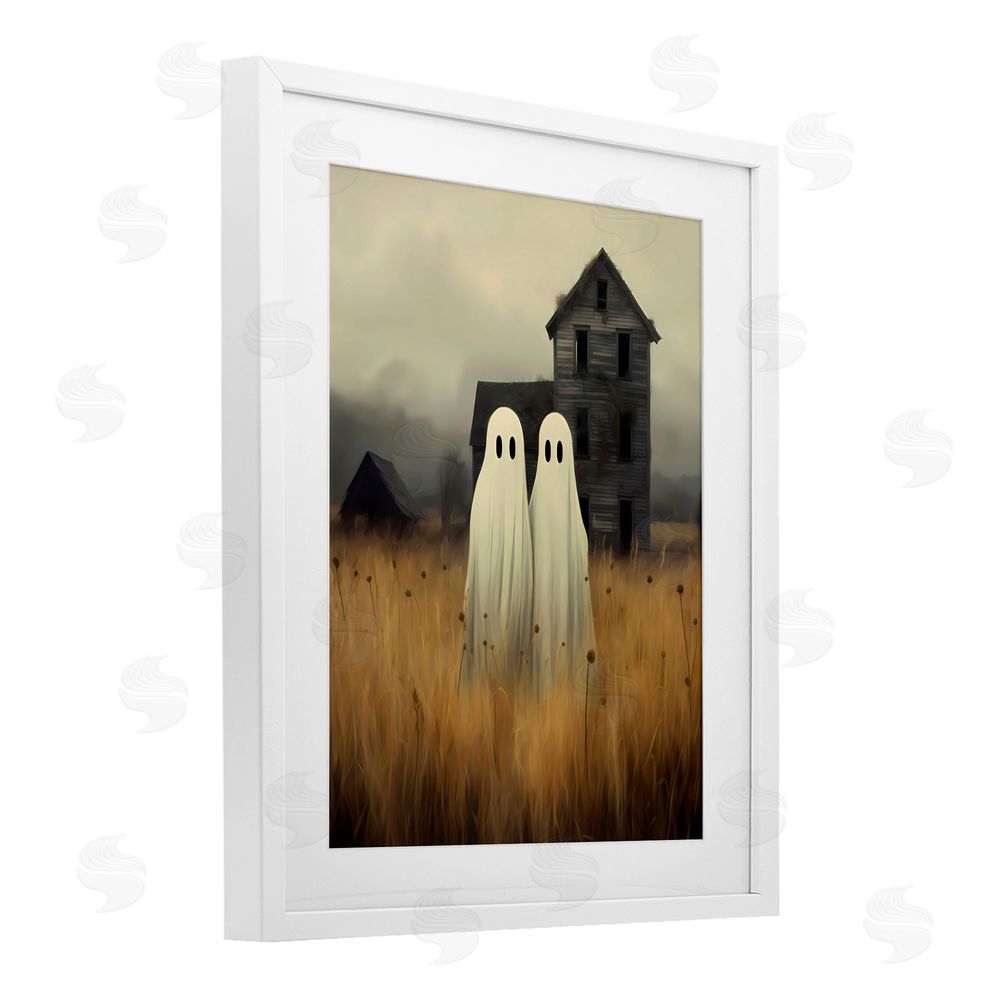 LSR Design Studio Spooky Farmhouse Ghost Duo White Framed Print Under Glass with Mat Wall Art
