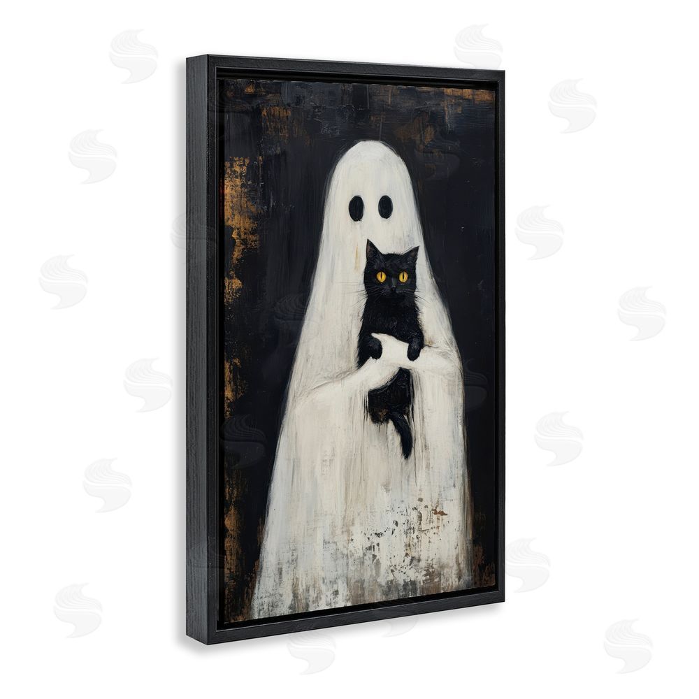 Petal Prints Design Black Kitty & Ghost Black Floating Frame Canvas Wall Art Print
