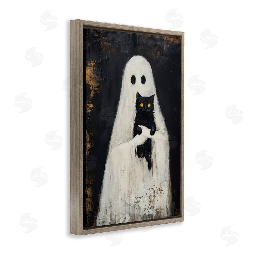 Petal Prints Design Black Kitty & Ghost Brown Floating Frame Canvas Wall Art Print