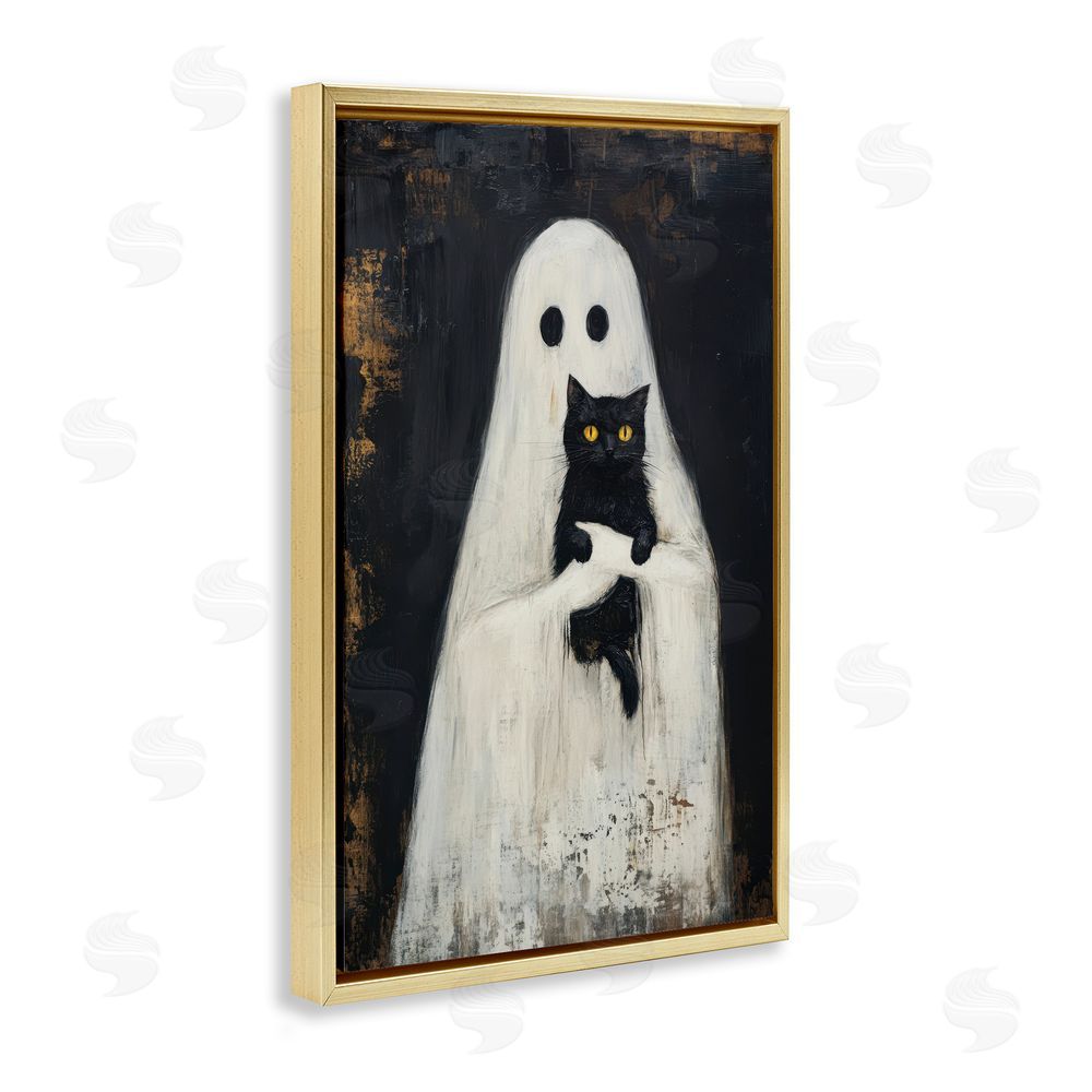 Petal Prints Design Black Kitty & Ghost Gold Floating Frame Canvas Wall Art Print