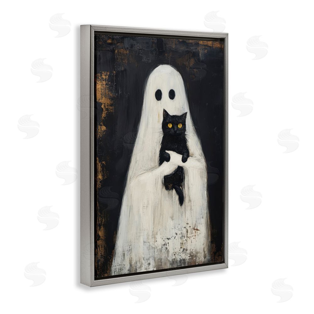 Petal Prints Design Black Kitty & Ghost Gray Floating Frame Canvas Wall Art Print