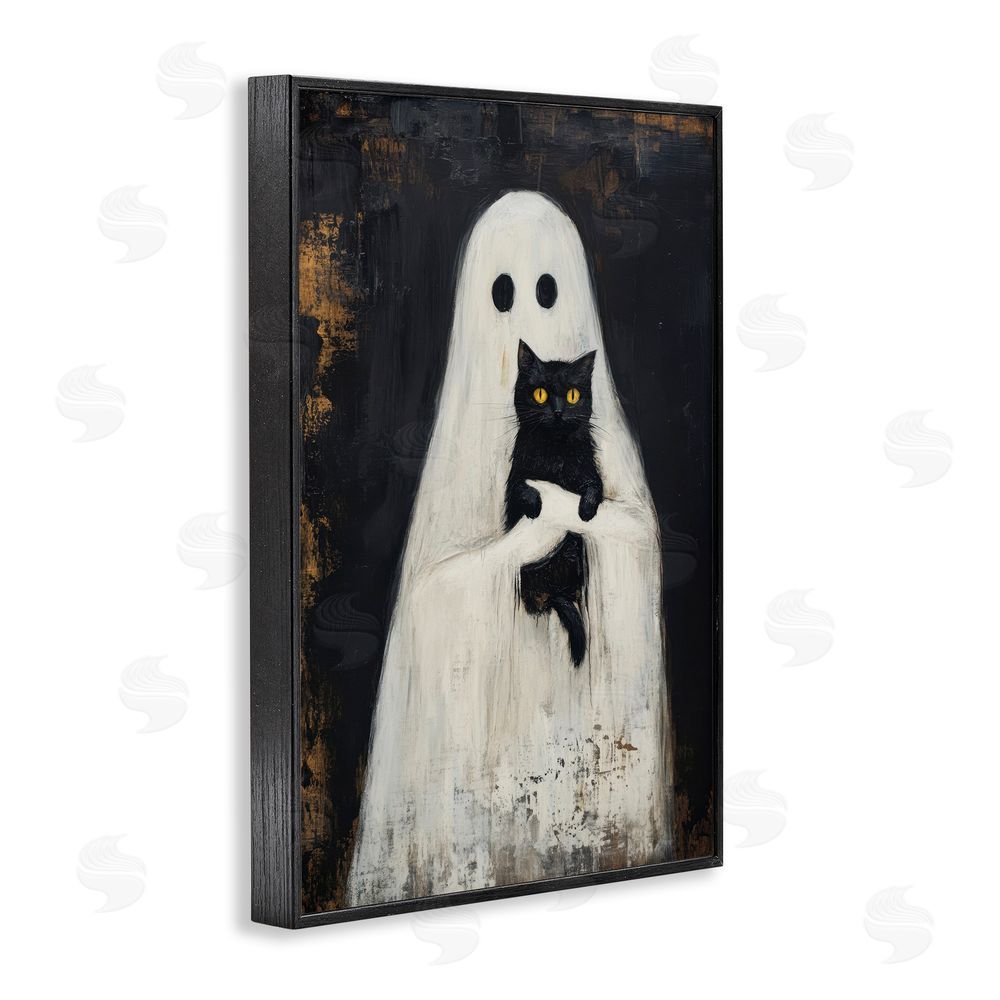 Petal Prints Design Black Kitty & Ghost Black Framed Giclee Wall Art Print