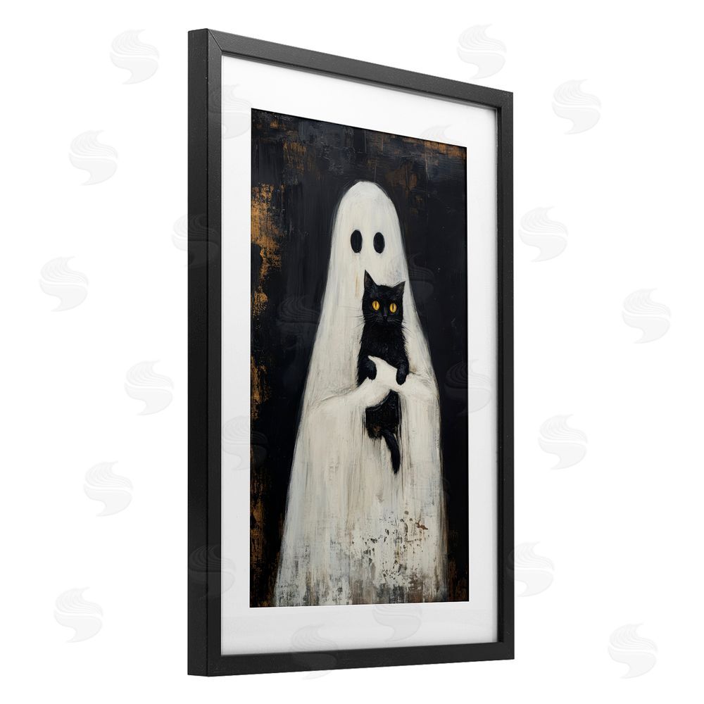 Petal Prints Design Black Kitty & Ghost Black Framed Print Under Glass with White Mat Wall Art