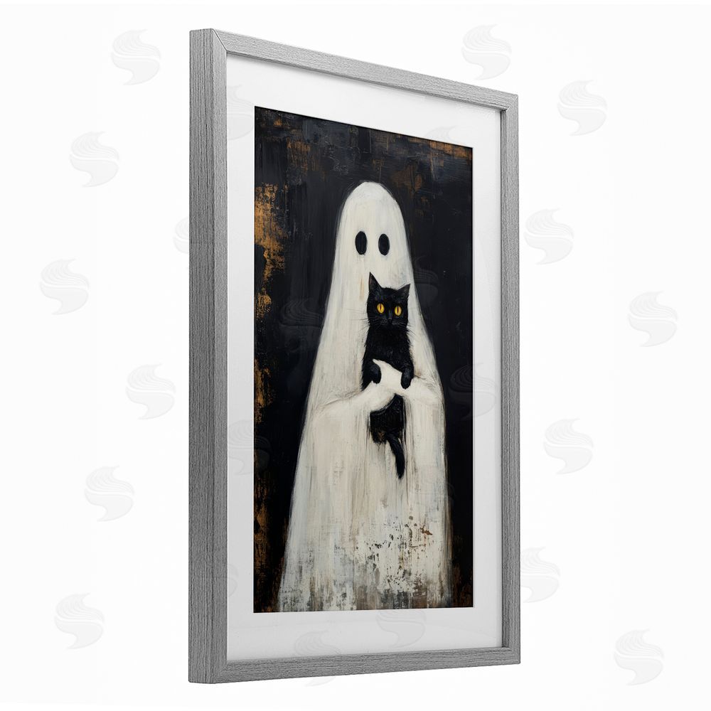 Petal Prints Design Black Kitty & Ghost Gray Framed Print Under Glass with White Mat Wall Art