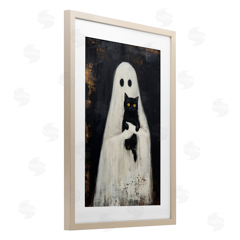 Petal Prints Design Black Kitty & Ghost Birch Framed Print Under Glass with White Mat Wall Art