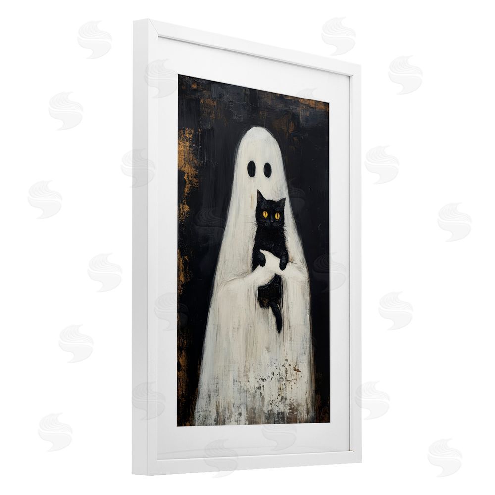 Petal Prints Design Black Kitty & Ghost White Framed Print Under Glass with Mat Wall Art