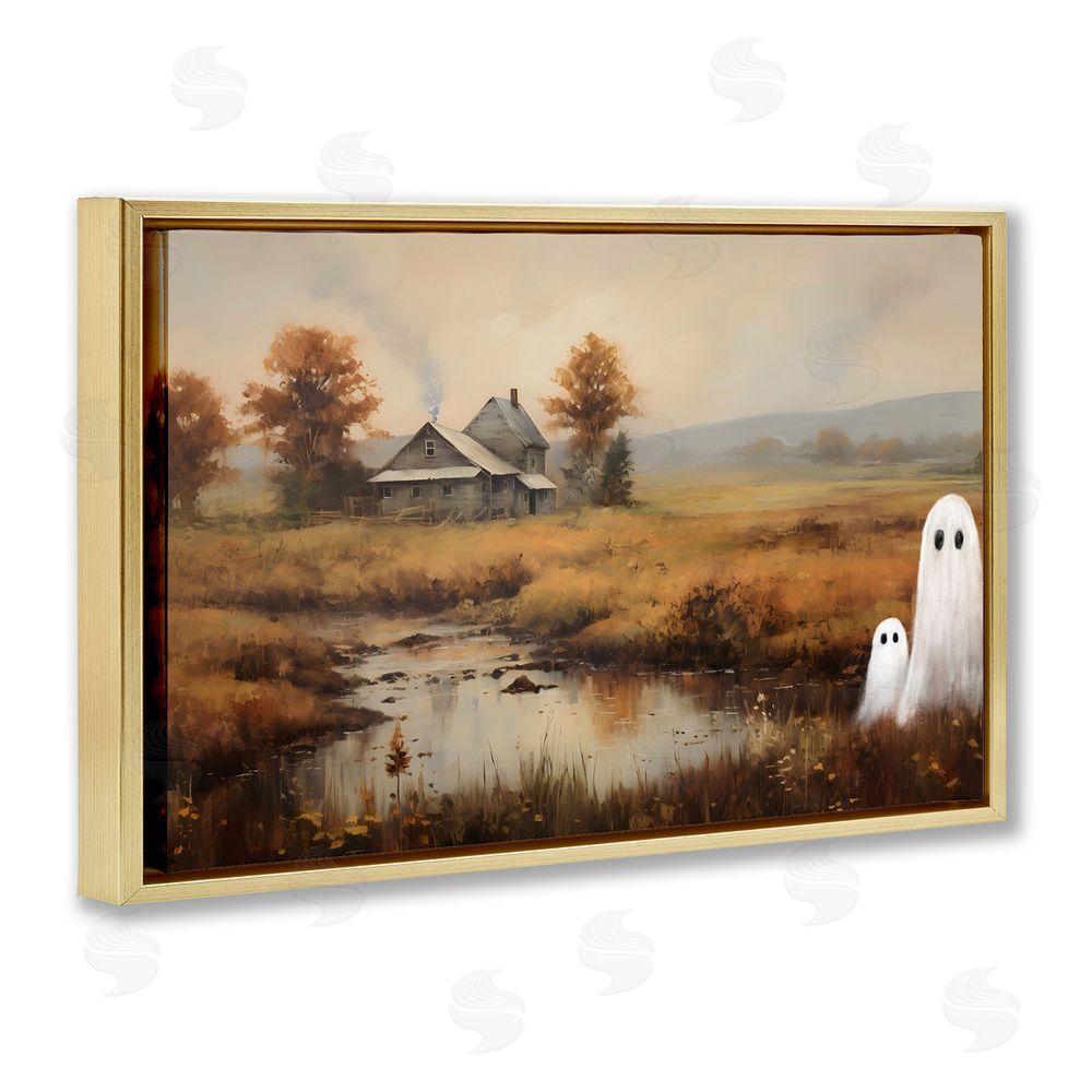 Petal Prints Design Ghosts In Farm Field Gold Floating Frame Canvas Wall Art Print