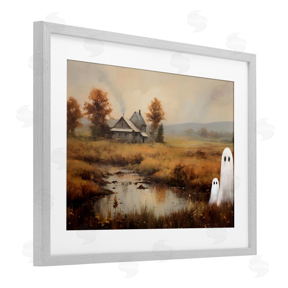 Petal Prints Design Ghosts In Farm Field Gray Framed Print Under Glass with White Mat Wall Art