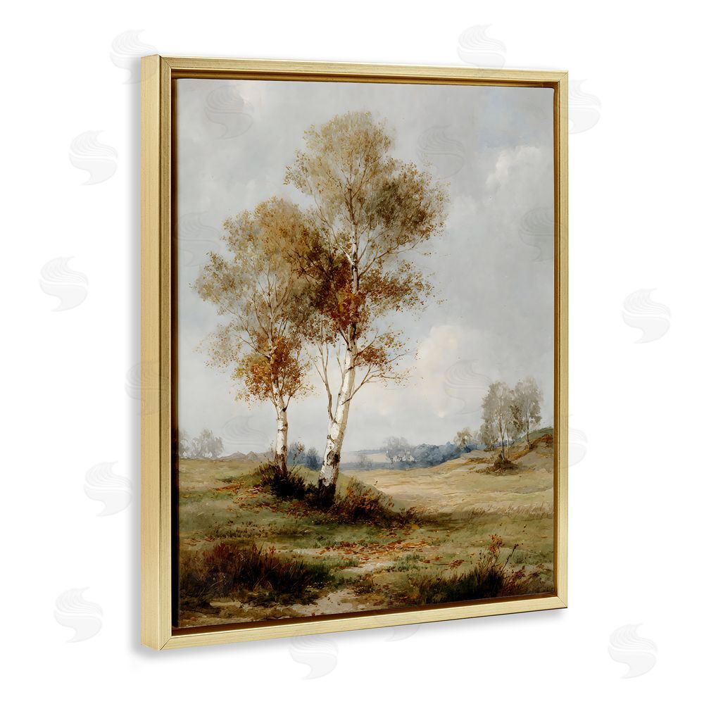 LSR Design Studio Autumn Countryside Trees Gold Floating Frame Canvas Wall Art Print