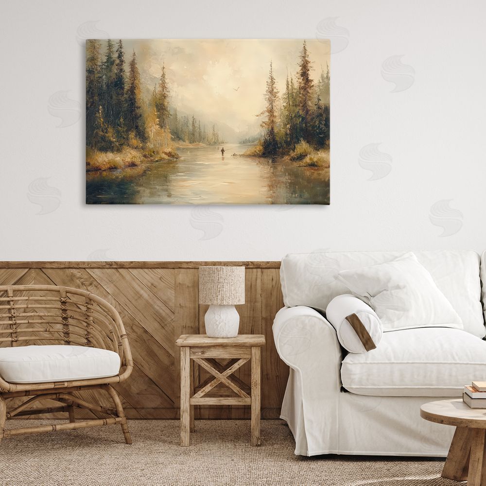Petal Prints Design Fly Fisher at Misty River Stretched Canvas Wall Art in Room