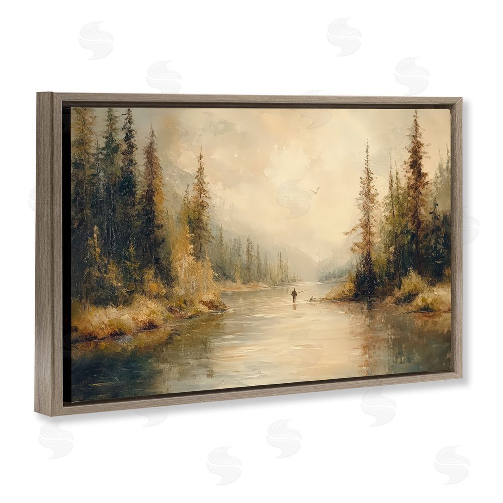 Petal Prints Design Fly Fisher at Misty River Brown Floating Framed Canvas Wall Art