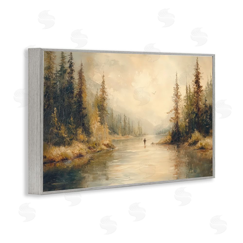 Petal Prints Design Fly Fisher at Misty River Gray Framed Giclee Wall Art