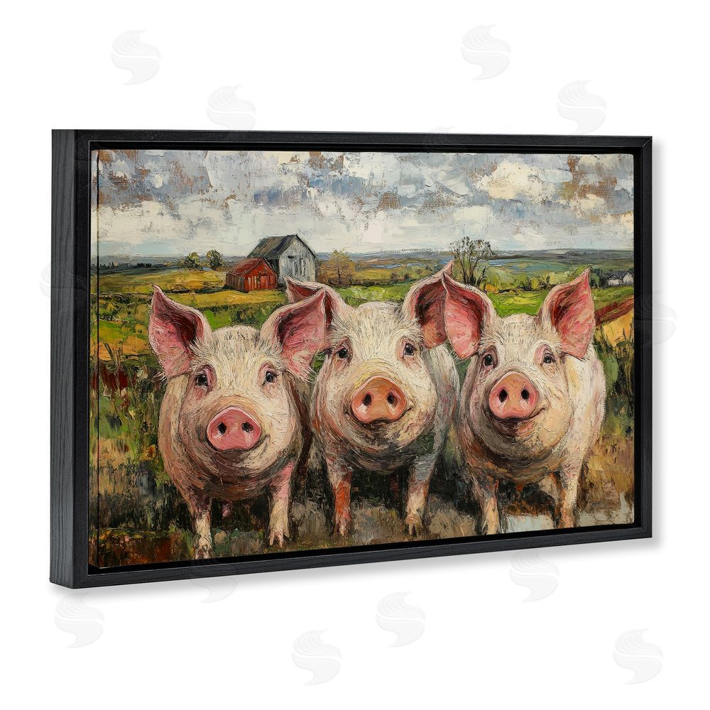 Petal Prints Design Classic Barnyard Pigs in Countryside Black Floating Frame Canvas Wall Art Print