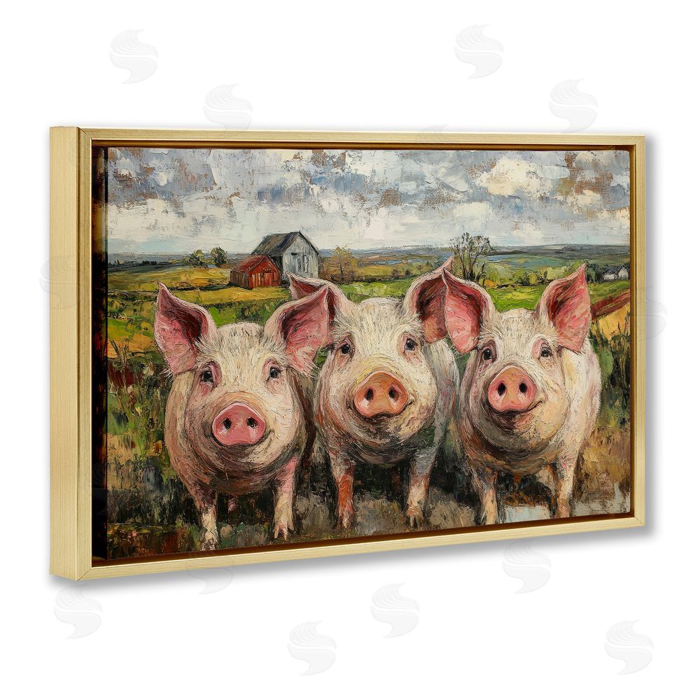 Petal Prints Design Classic Barnyard Pigs in Countryside Gold Floating Frame Canvas Wall Art Print