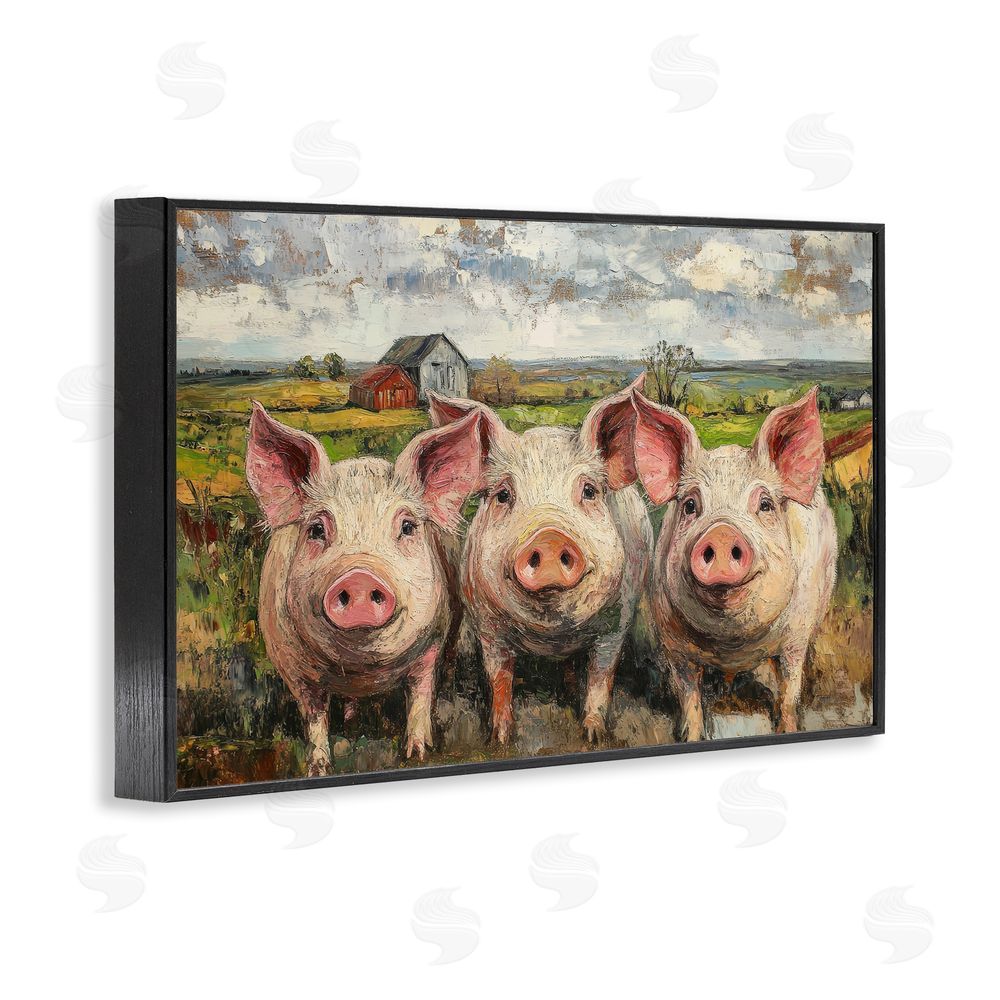 Petal Prints Design Classic Barnyard Pigs in Countryside Black Framed Giclee Wall Art Print