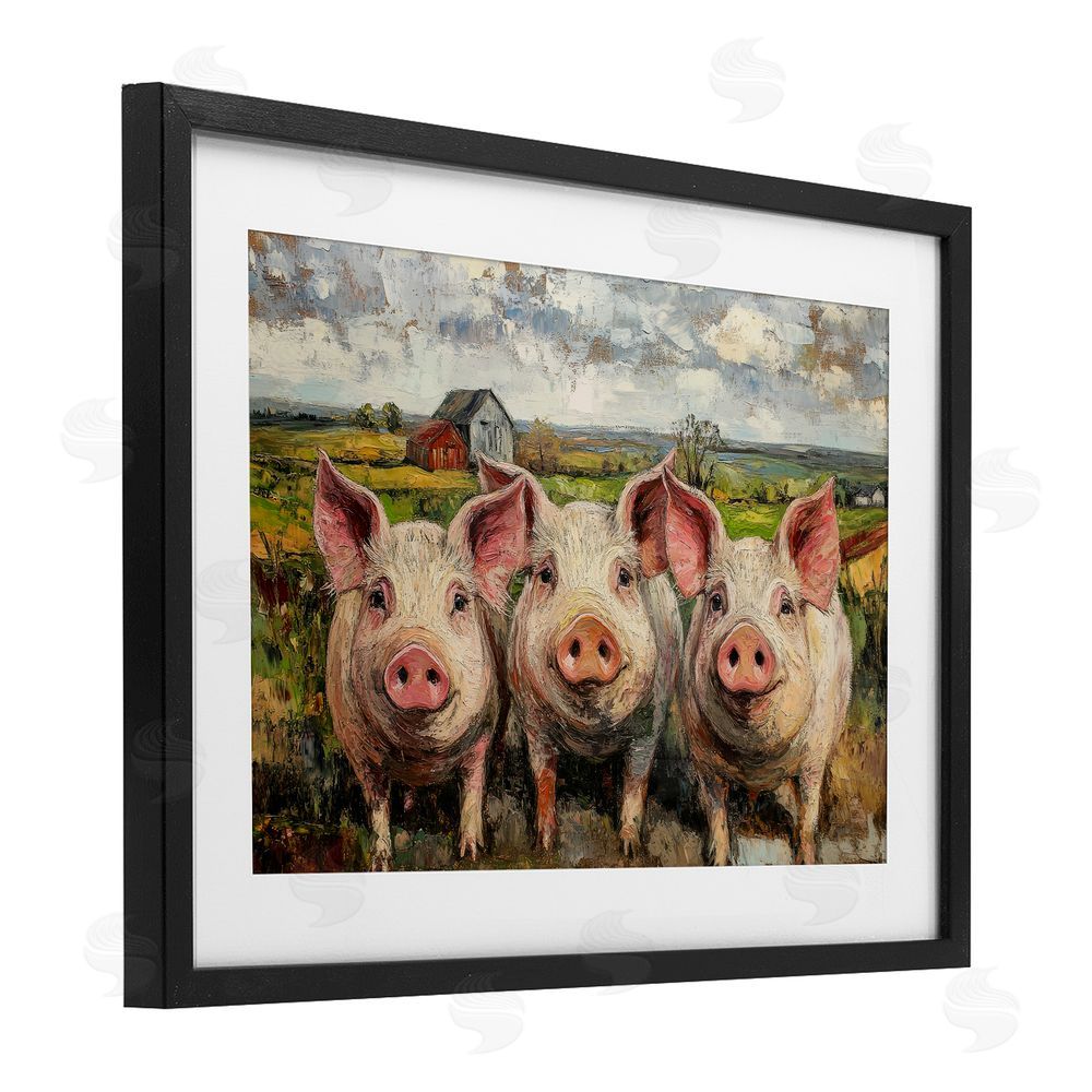 Petal Prints Design Classic Barnyard Pigs in Countryside Black Framed Print Under Glass Wall Art
