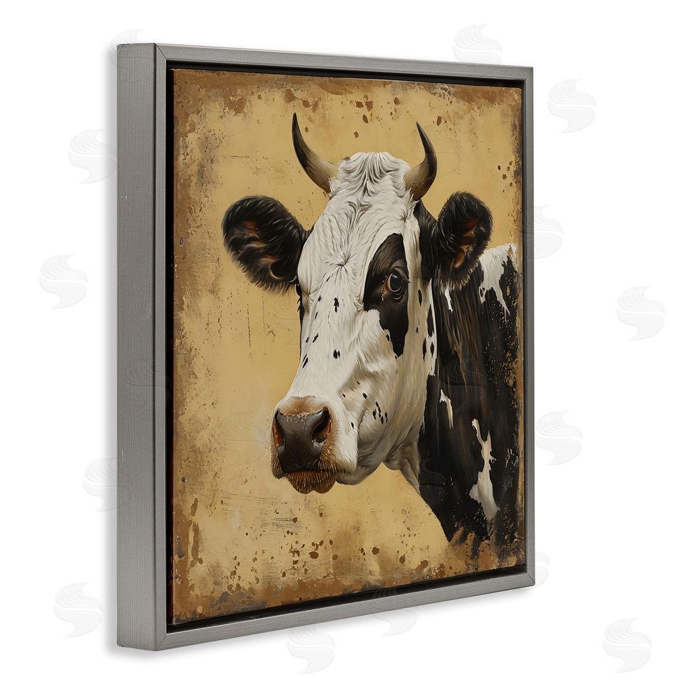 Creative Studio Spotted Brown Cow Portrait Gray Floating Framed Canvas Wall Art Print