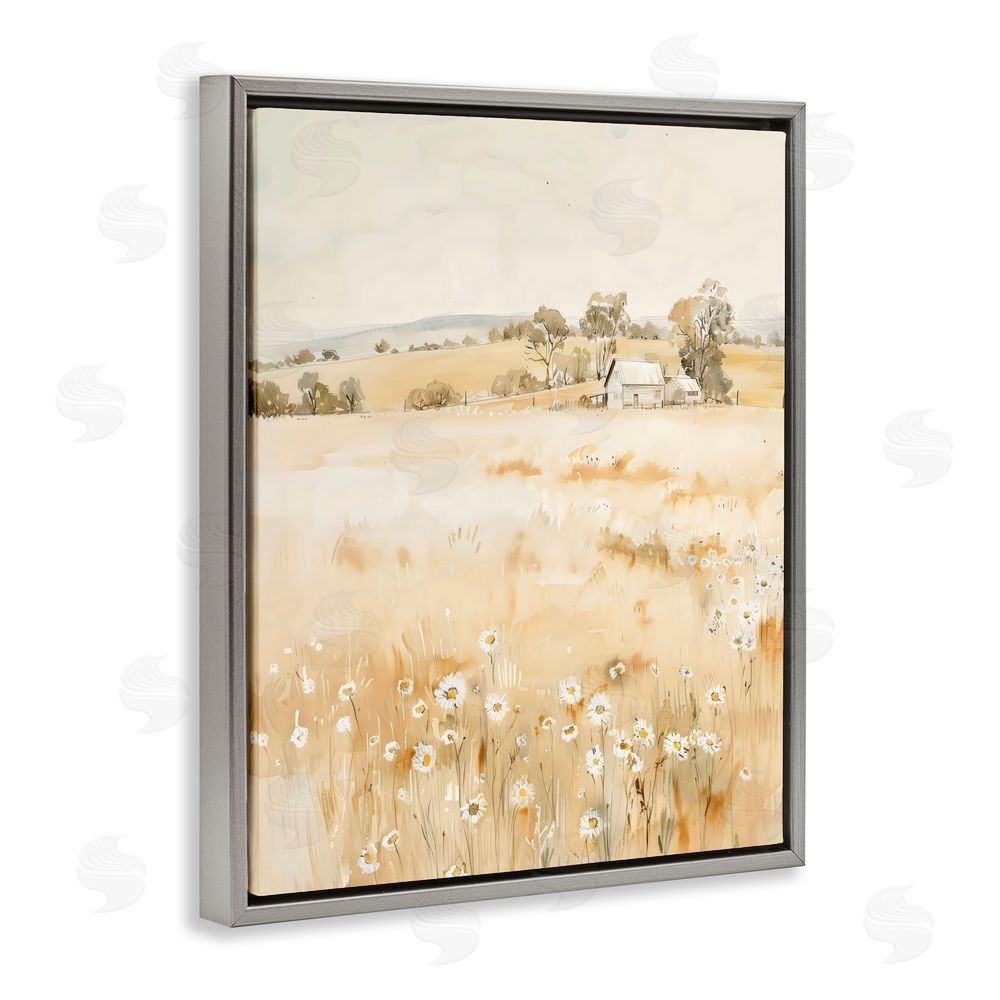 Creative Studio Farm Country Meadow with Daisies Gray Floating Framed Canvas Wall Art