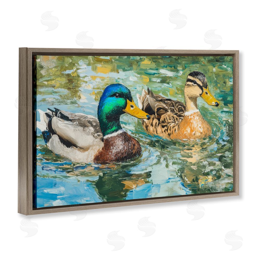 Petal Prints Design Ducks Out For A Swim Brown Floating Frame Canvas Wall Art Print