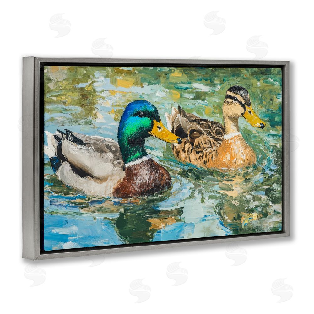 Petal Prints Design Ducks Out For A Swim Gray Floating Frame Canvas Wall Art Print