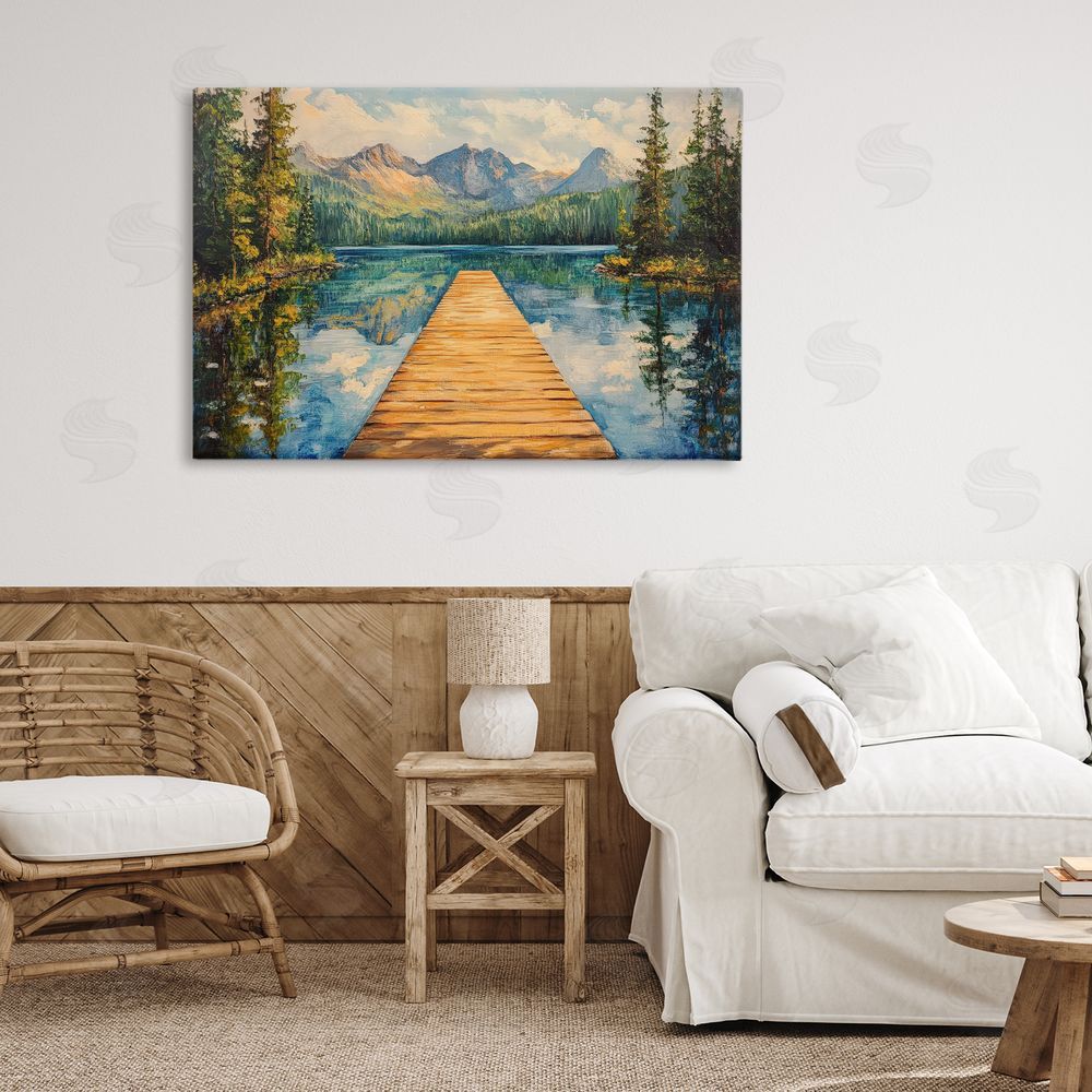 Petal Prints Design Dock in The Mountains Stretched Canvas Wall Art in Room